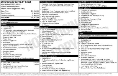 2026 Genesis GV70 2.5T SELECT