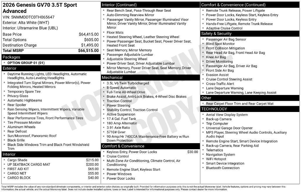2026 Genesis GV70 3.5T SPORT ADVANCED