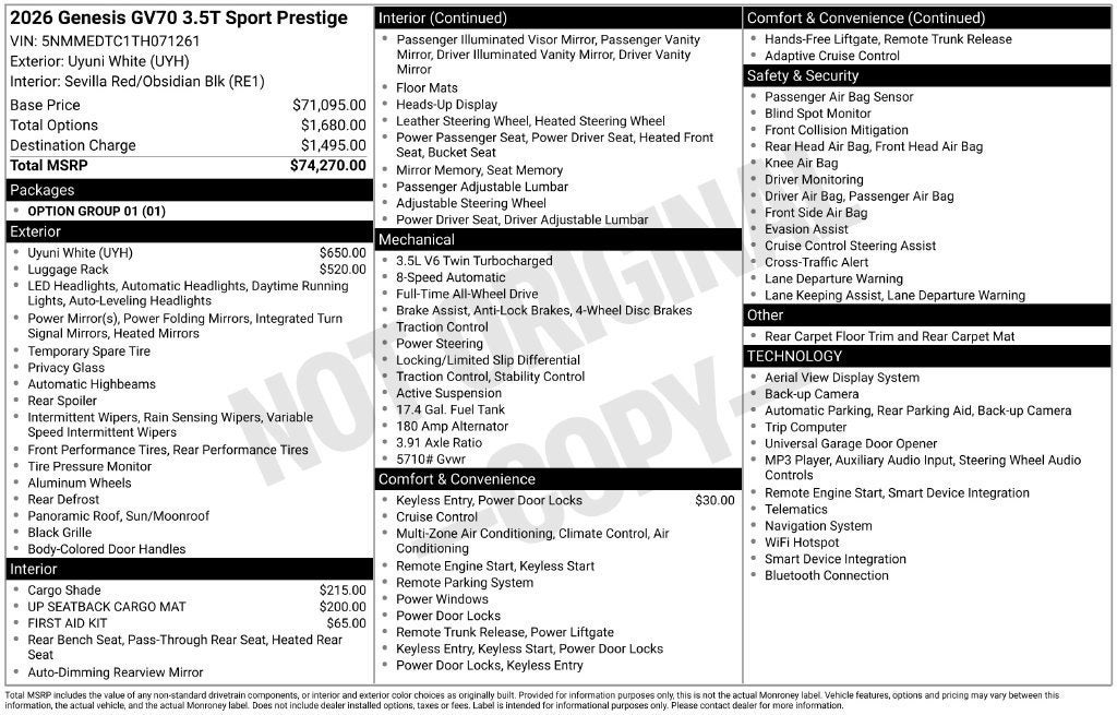 2026 Genesis GV70 3.5T SPORT PRESTIGE