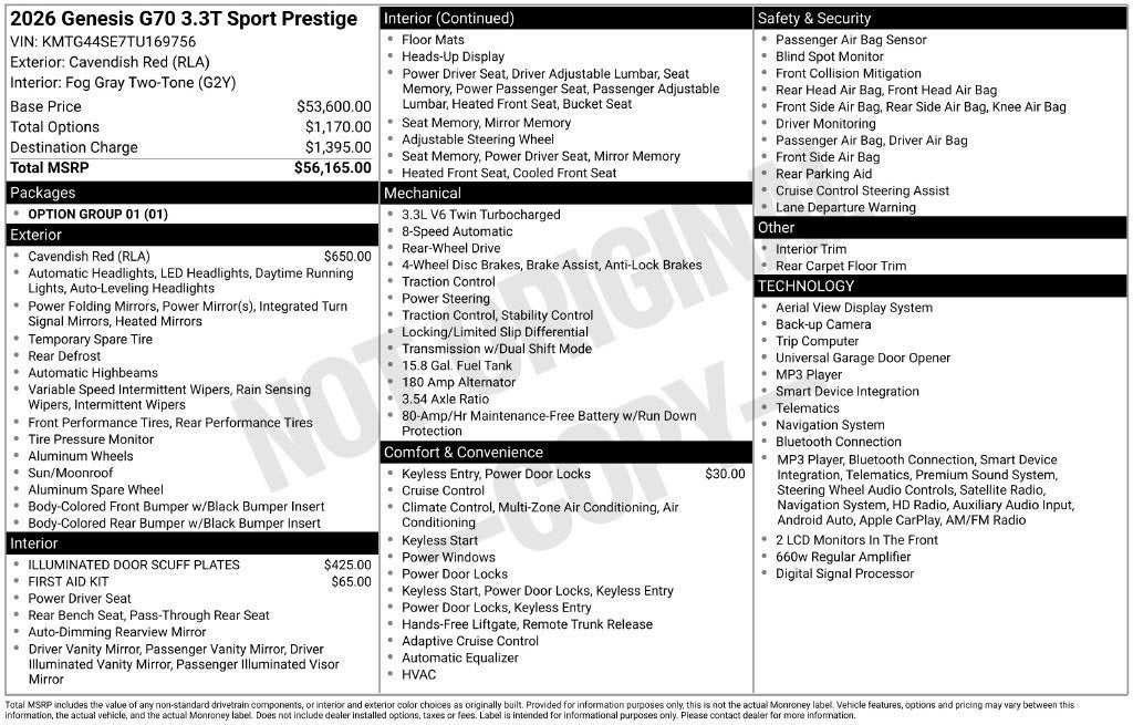 2026 Genesis G70 3.3T SPORT PRESTIGE