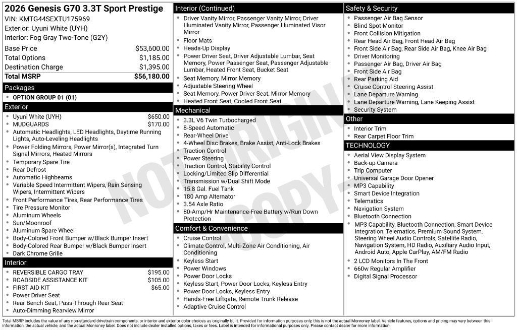 2026 Genesis G70 3.3T SPORT PRESTIGE