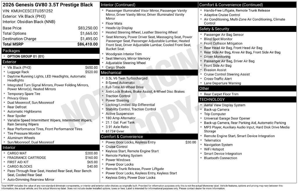 2026 Genesis GV80 2.5T PRESTIGE BLACK