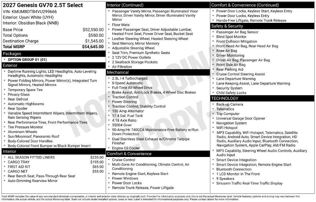 2027 Genesis GV70 2.5T SELECT
