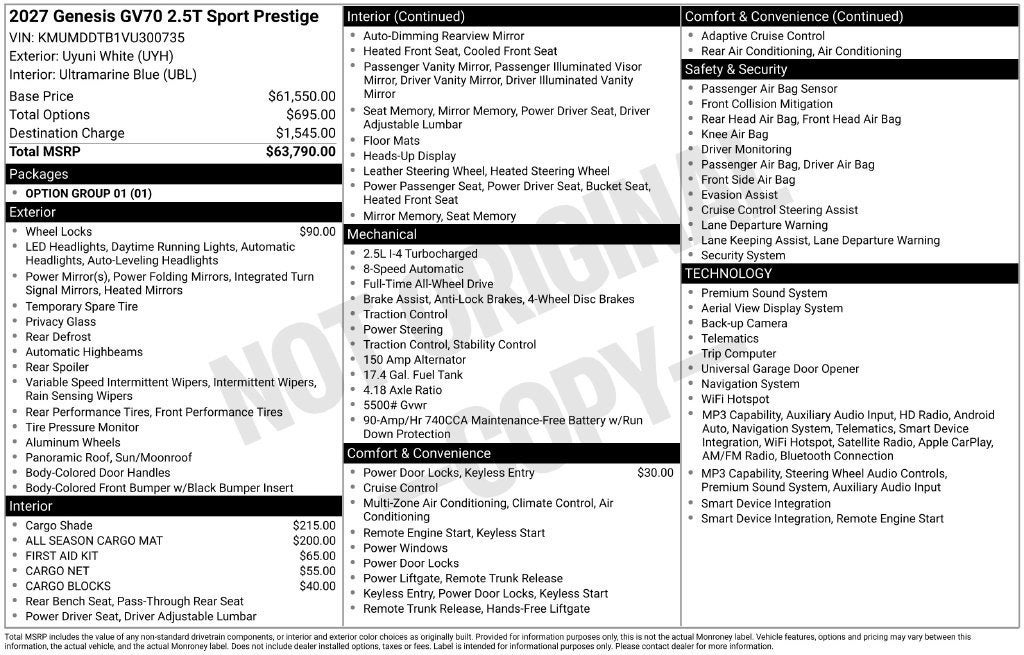 2027 Genesis GV70 2.5T SPORT PRESTIGE