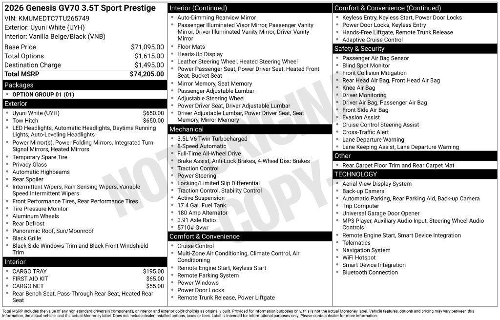 2026 Genesis GV70 3.5T SPORT PRESTIGE