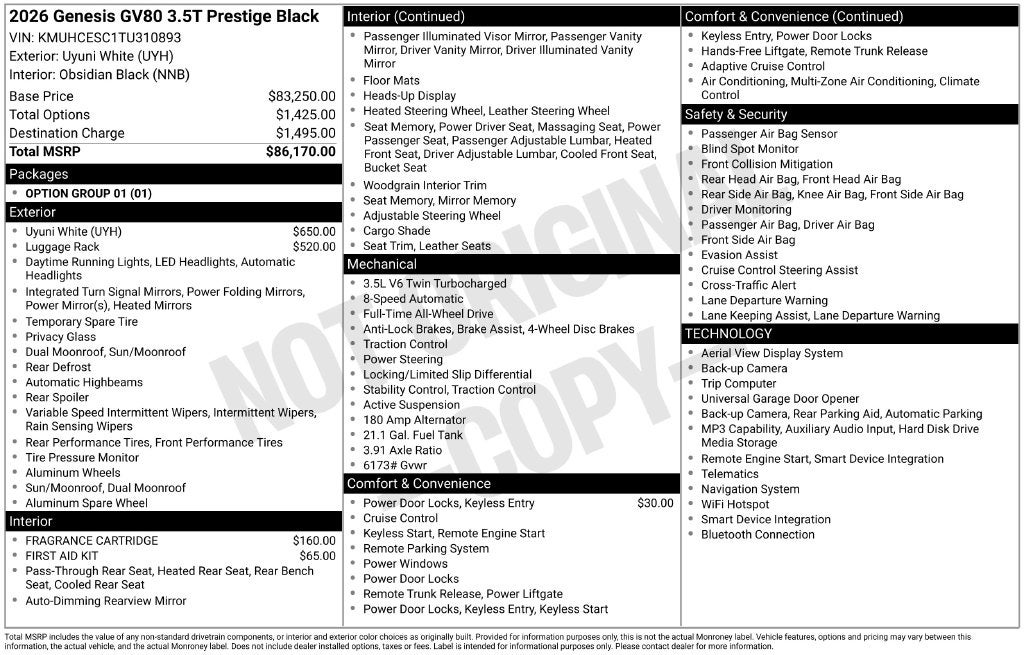 2026 Genesis GV80 3.5T Prestige Black