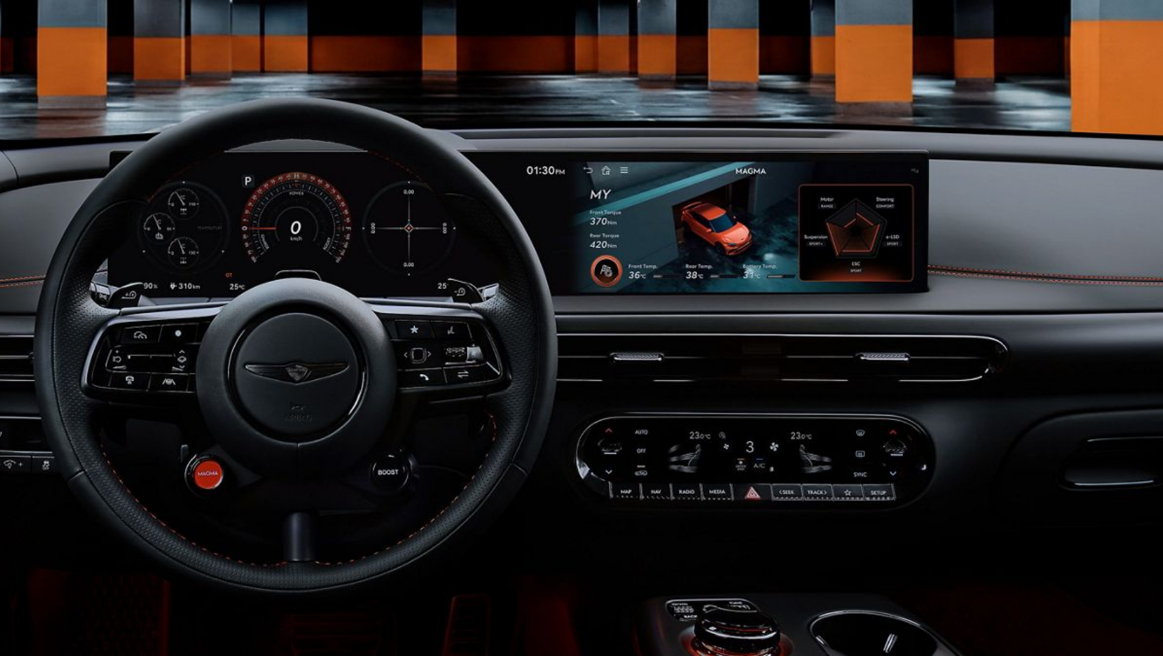 Driver view of the 2027 Genesis GV60 Magma